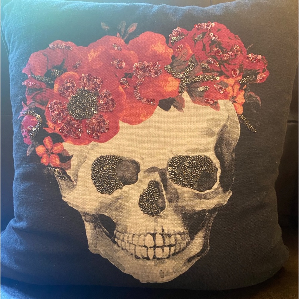 Beautiful Sequin Skull / Flower Throw Pillow